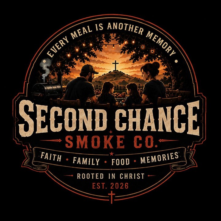 Second Chance Smoke Co badge: three crosses on a hill at sunset above the words Every Meal Is Another Memory